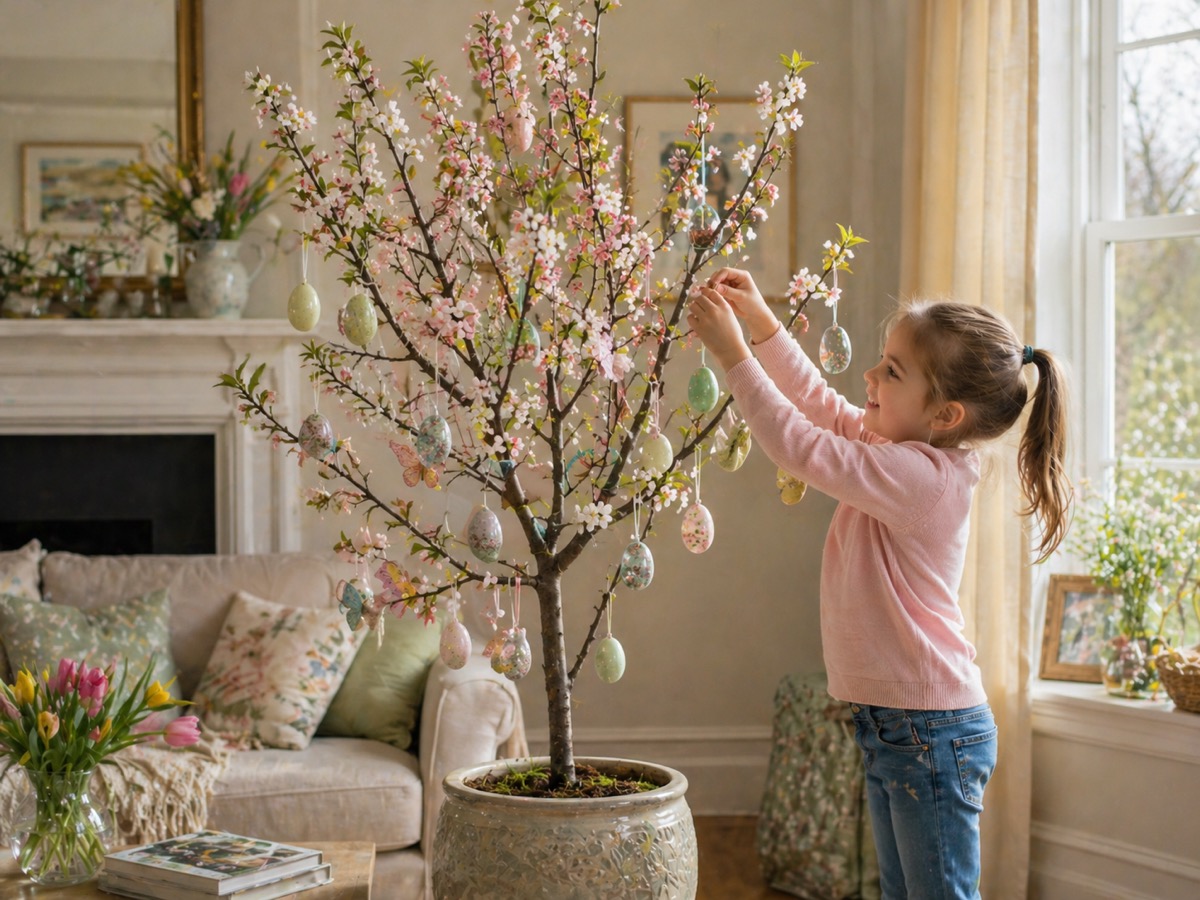 A child decorating a potted blossom tree indoors with hanging painted eggs