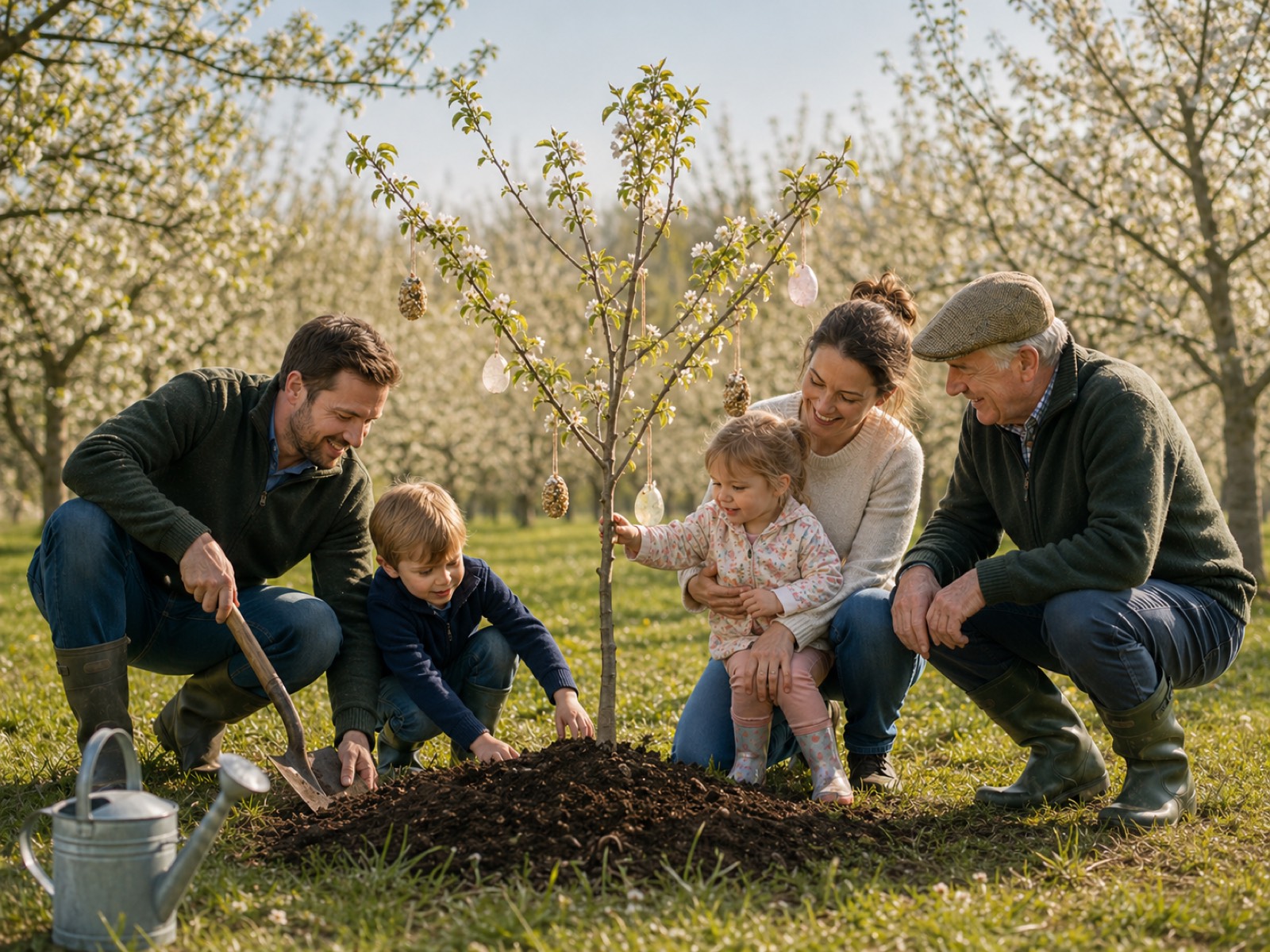 Three generations kneeling around a small blossom tree in an orchard — grandfather, parents, and two small children, planting together. The tree carries hand-painted egg ornaments and rice-paper Hopes on thin ribbon. Mature blossom trees in the background.