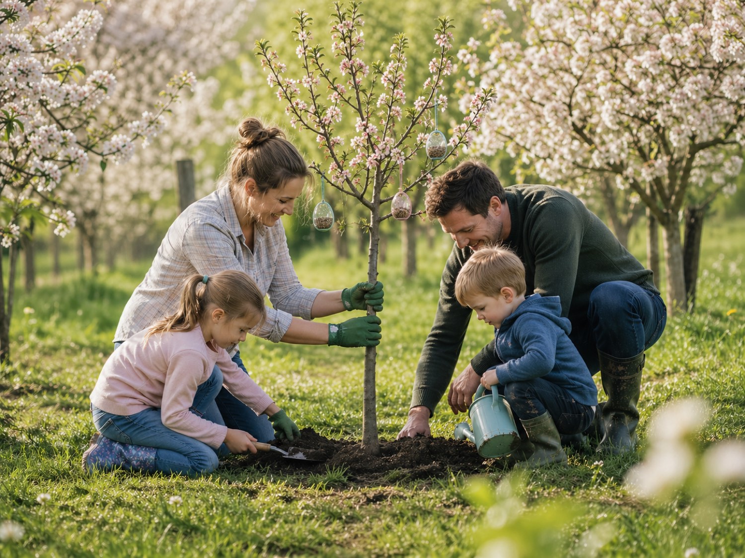 A family planting a small decorated blossom tree in a garden lined with cherry blossom