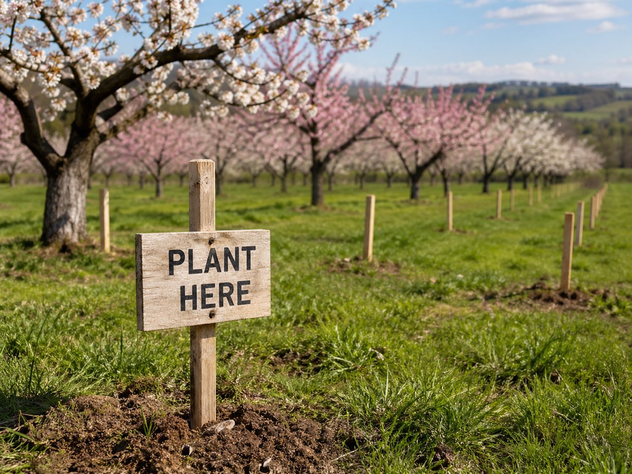 A 'PLANT HERE' wooden stake in the ground beside a young blossom tree, with rows of cherry blossoms in flower behind